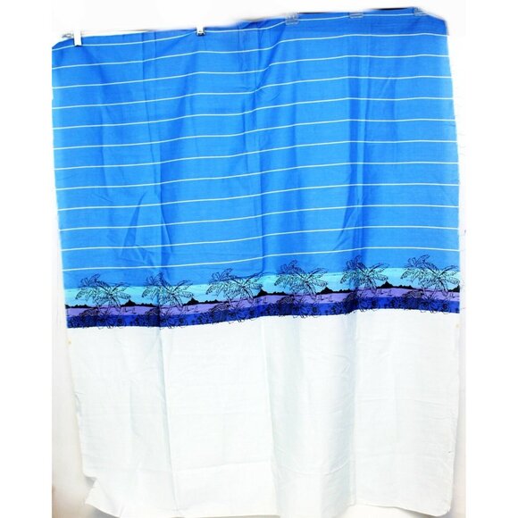 1 yd Vtg 1980s Blue Striped Cotton Fabric Beach Island Flowers Boats Purple 45" - Picture 2 of 9